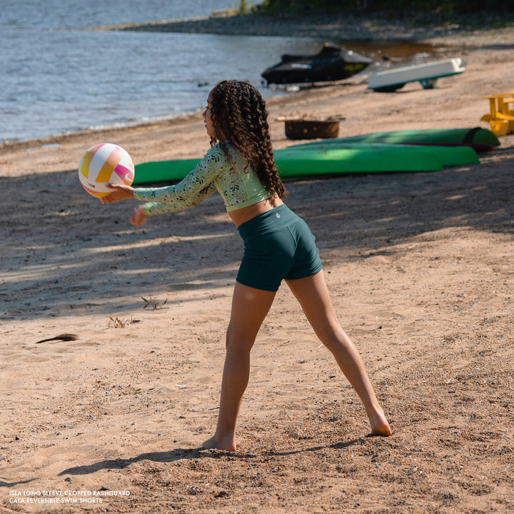 Isla Long Sleeve Cropped Rashguard - Teal Aurora - Lifestyle